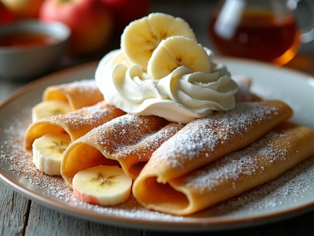 Cinnamon sugar crepes with fruit whipped cream and maple syrup