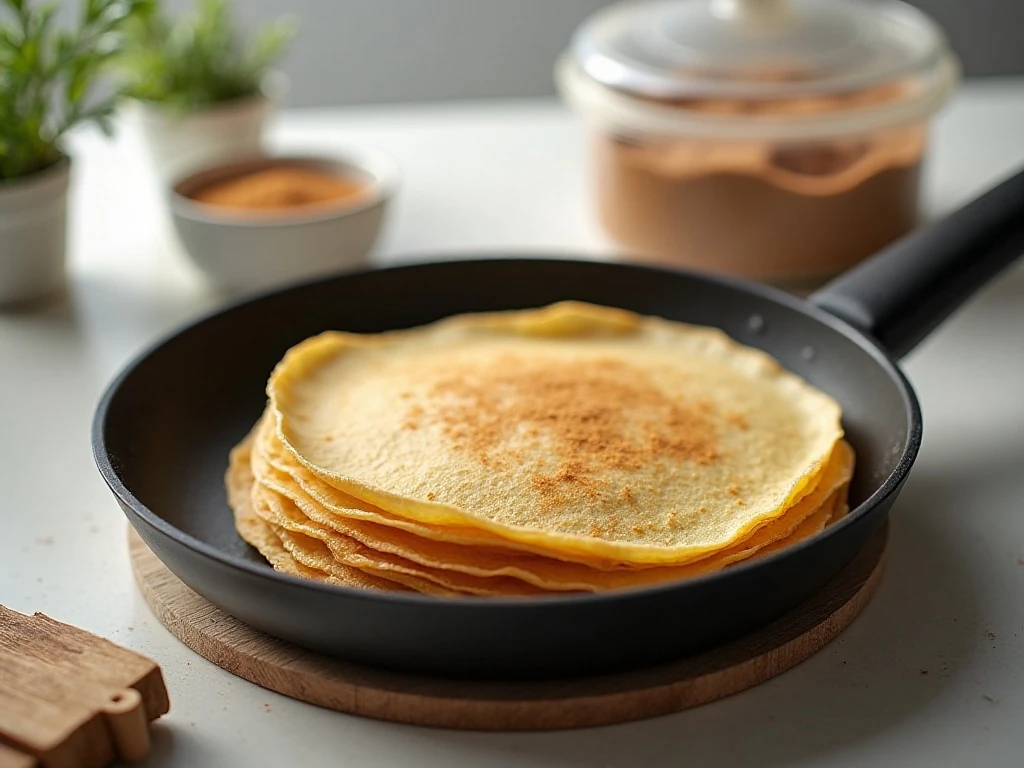 Crepes being reheated in a skillet for serving