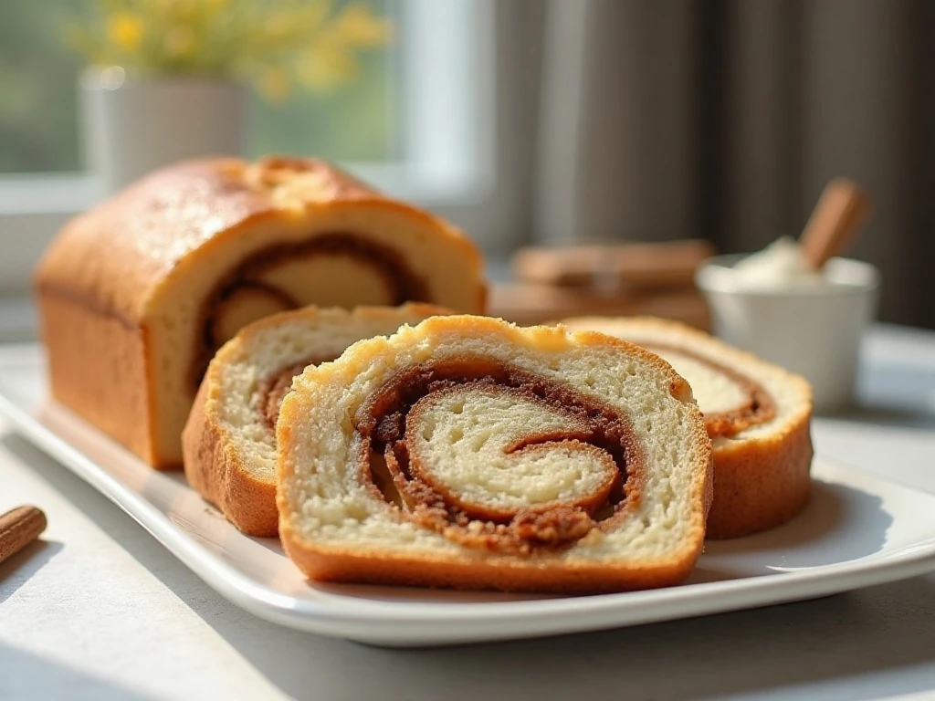 Sliced homemade cinnamon swirl bread with a golden crust