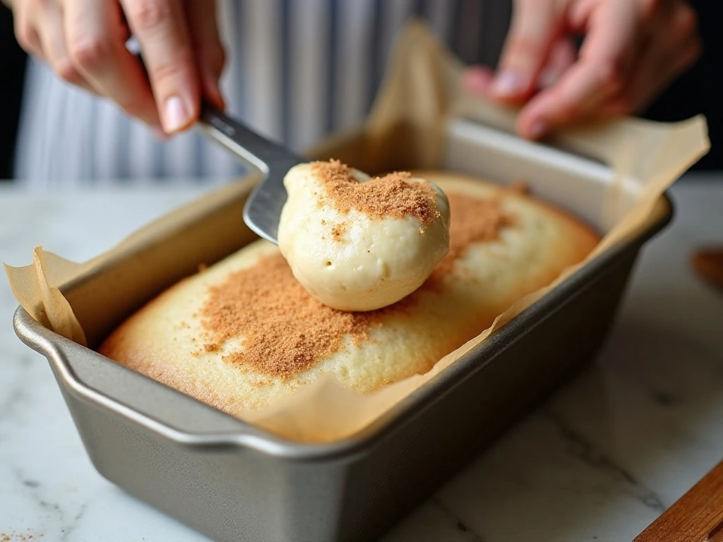 Layering cinnamon sugar between quick bread batter in a loaf pan