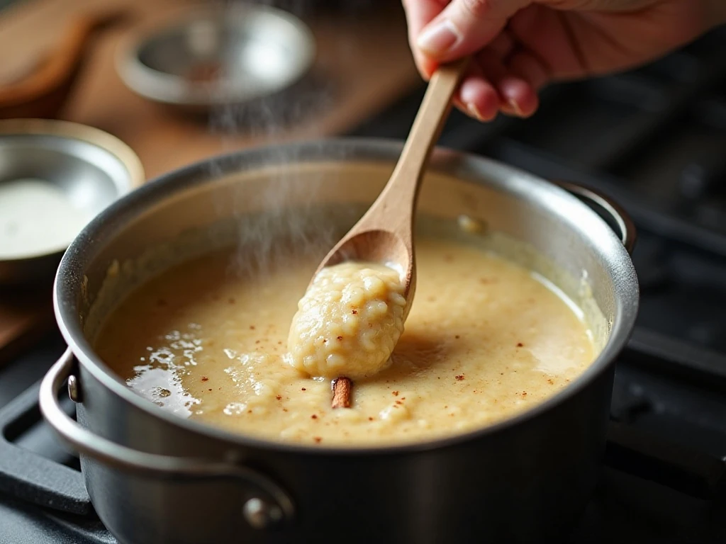 Stirring rice pudding in a saucepan