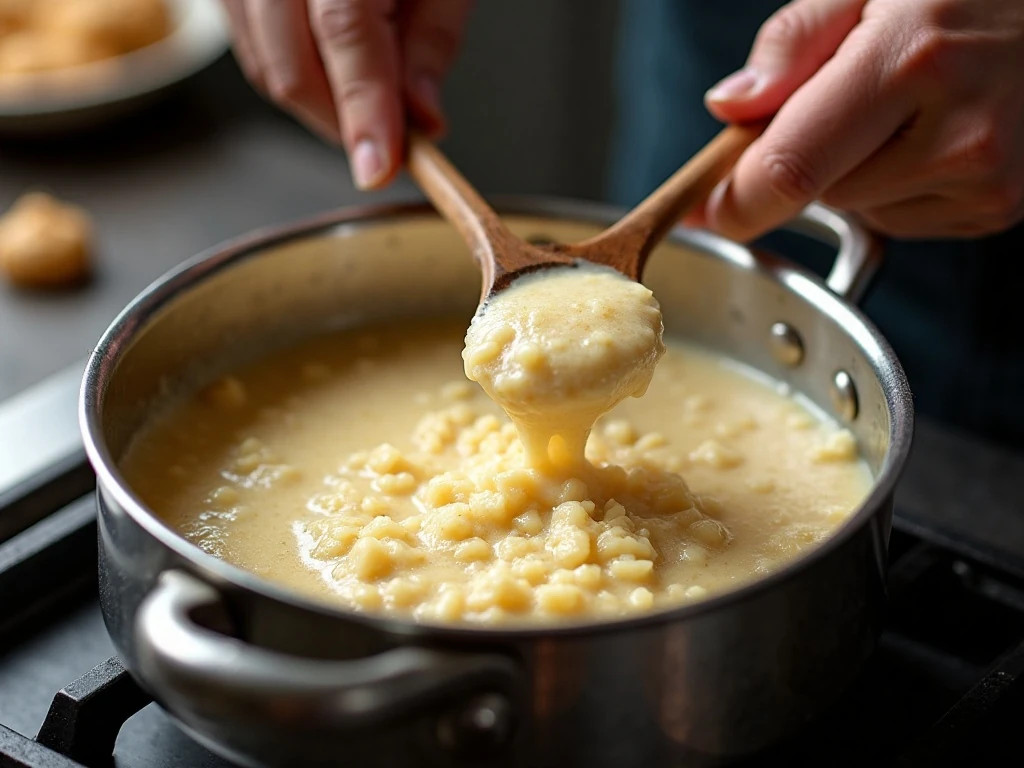 Checking the creamy texture of stovetop rice pudding