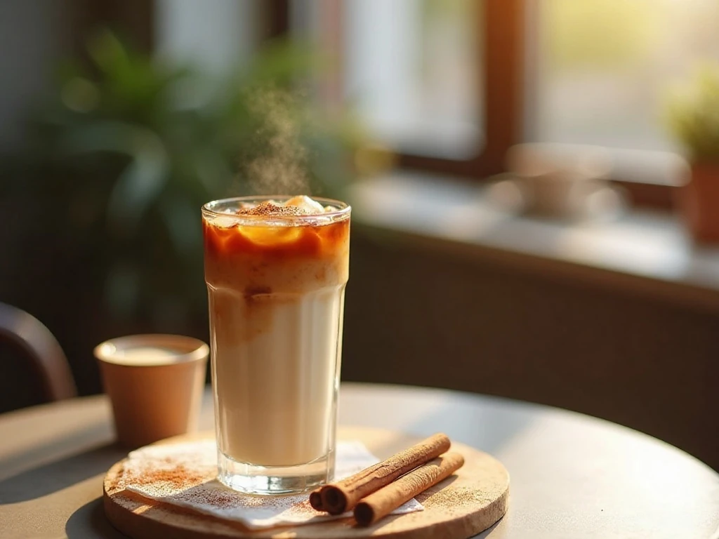 Layered cinnamon vanilla upside-down iced coffee served in a tall glass