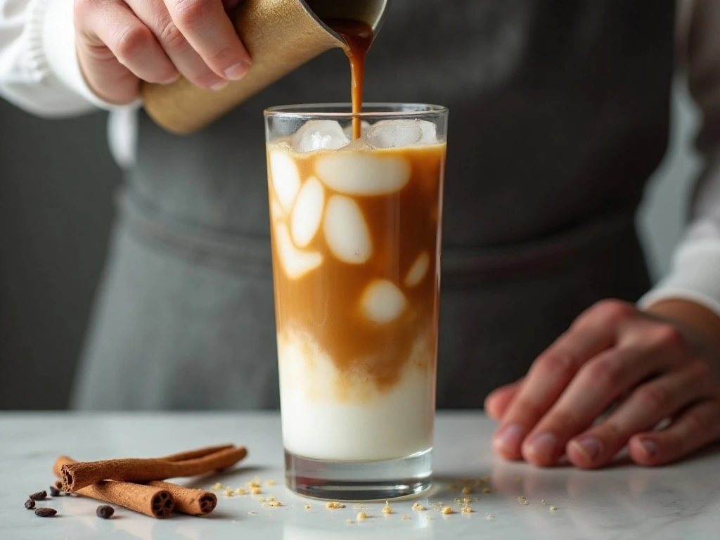Pouring chilled coffee over milk and ice to create upside-down layers