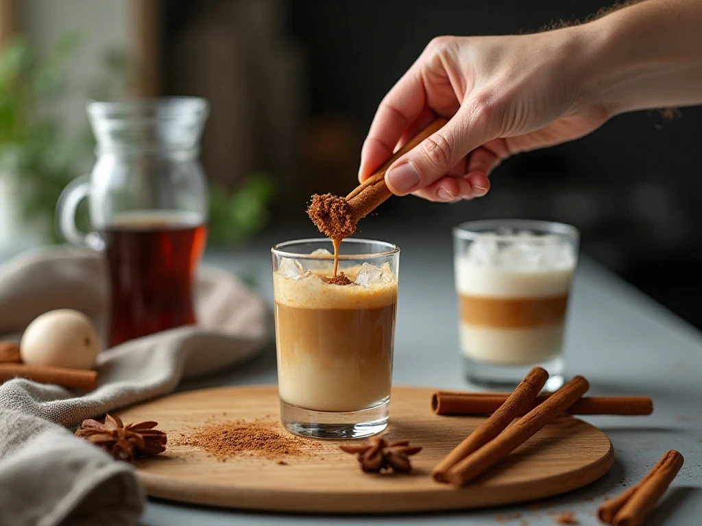 Stirring cinnamon into coffee for a smoother iced coffee flavor