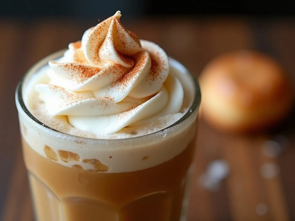 Cinnamon and whipped cream garnish on iced coffee