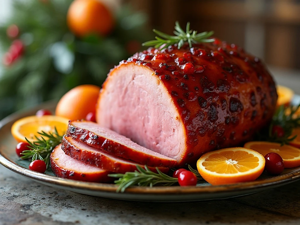 Citrus cranberry glazed ham served as a holiday centerpiece