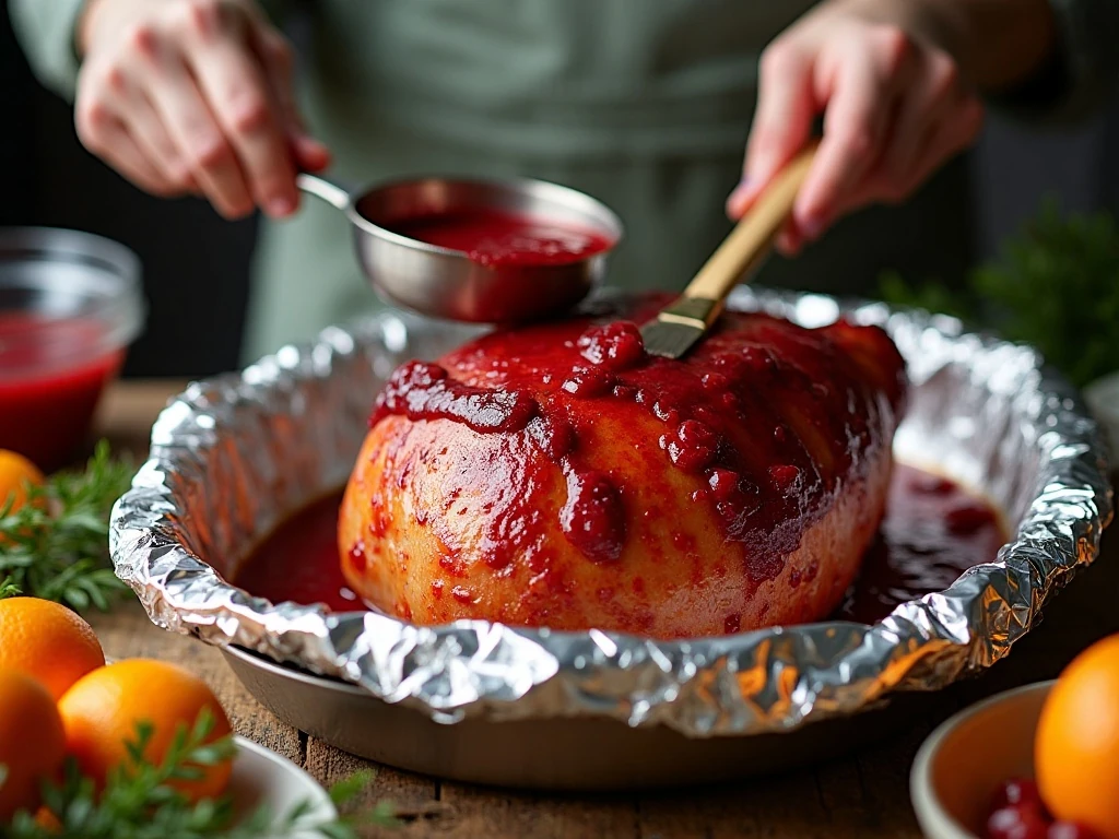 Preparing cranberry citrus glaze for baked ham