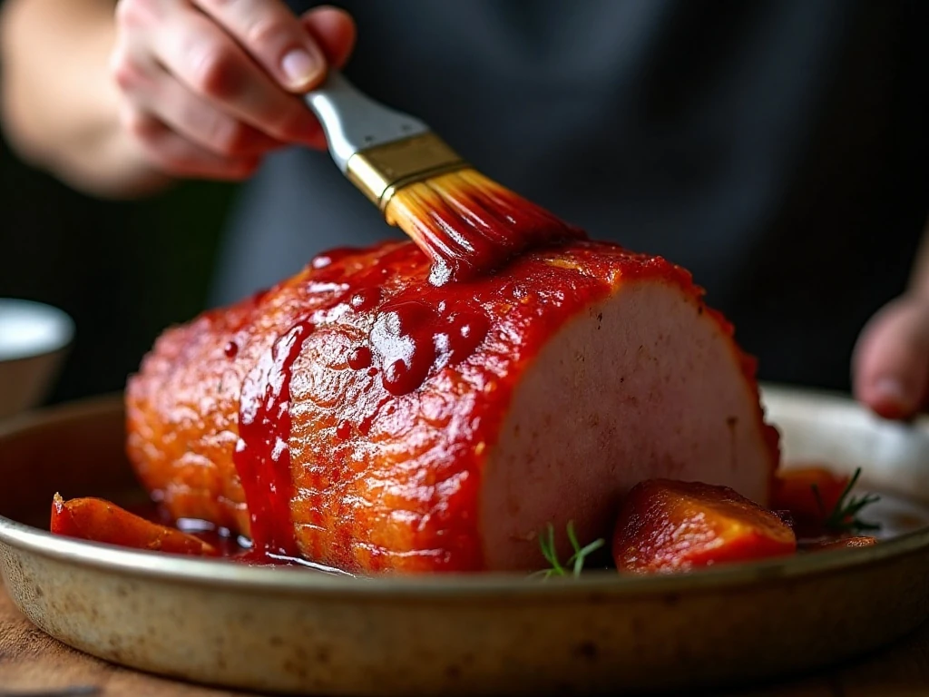 Brushing cranberry orange glaze onto ham before serving