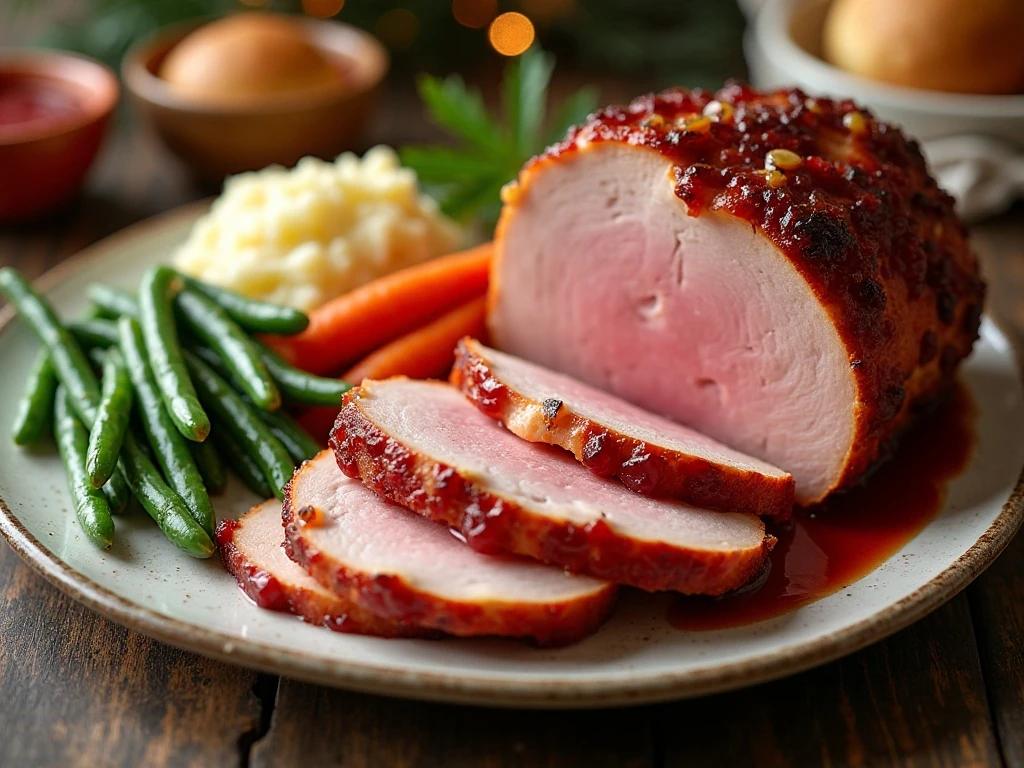 Holiday dinner plate with citrus cranberry ham and side dishes