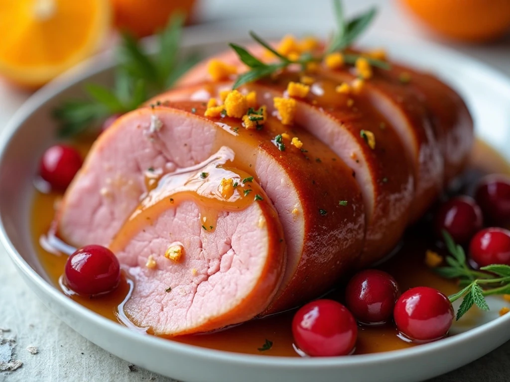 Reheated leftover ham with cranberry orange glaze