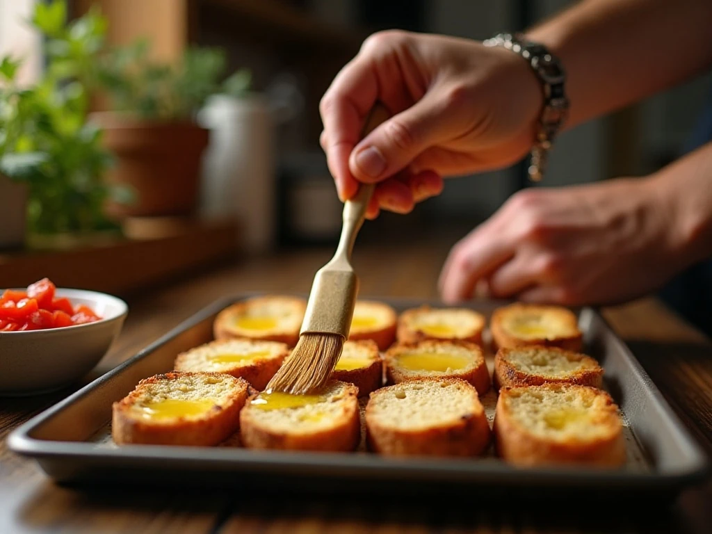 Preparing baguette slices and tomato topping for bruschetta