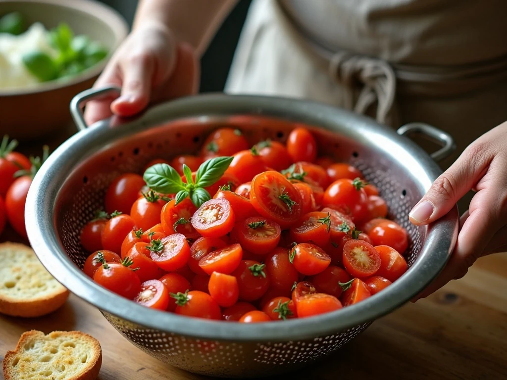 Draining tomatoes to keep bruschetta bread crisp