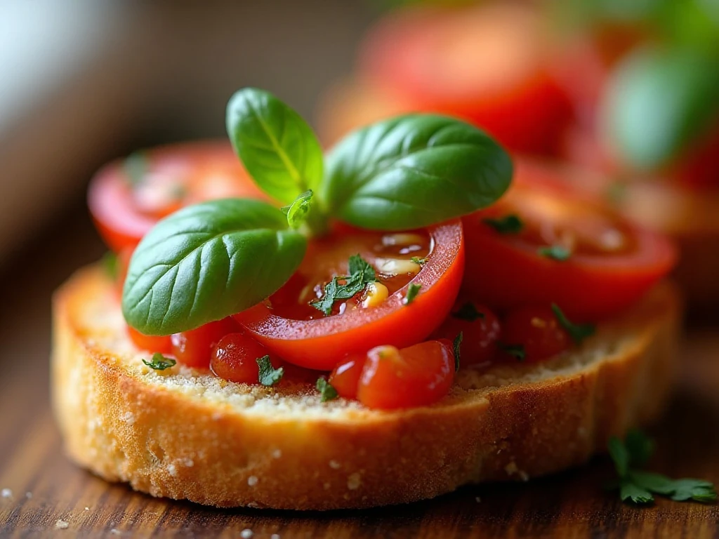 Close-up of basil-topped classic bruschetta