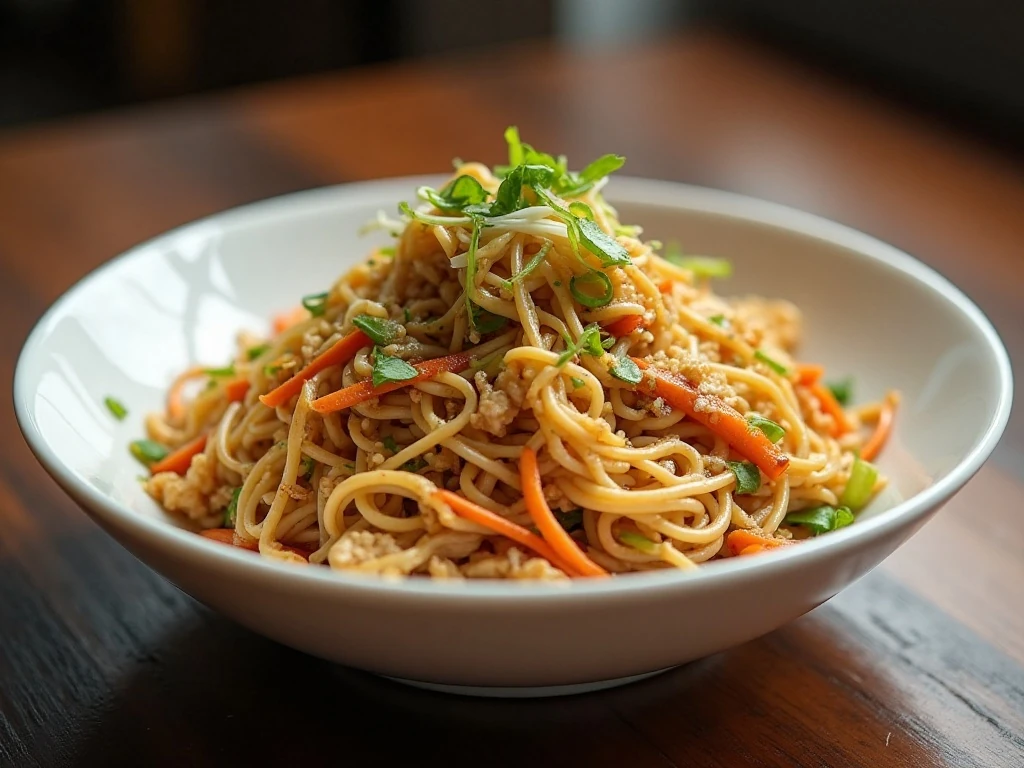 Authentic chicken chow mein with vegetables and glossy stir-fried noodles