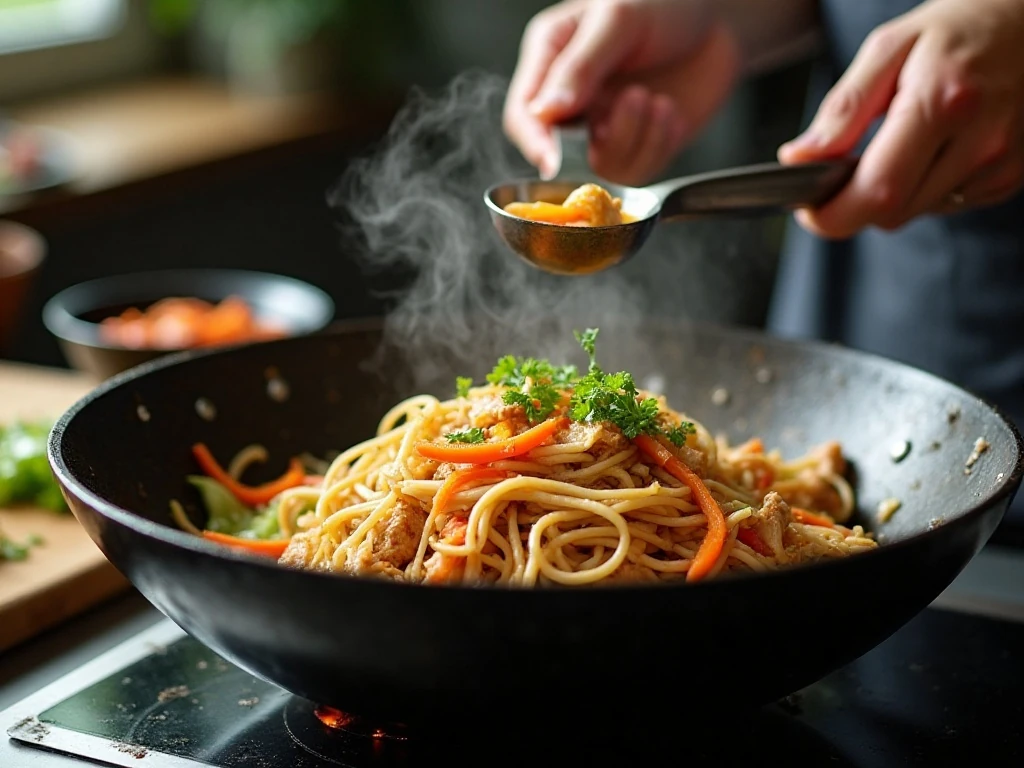 Stir-frying chicken chow mein noodles and vegetables in a hot wok
