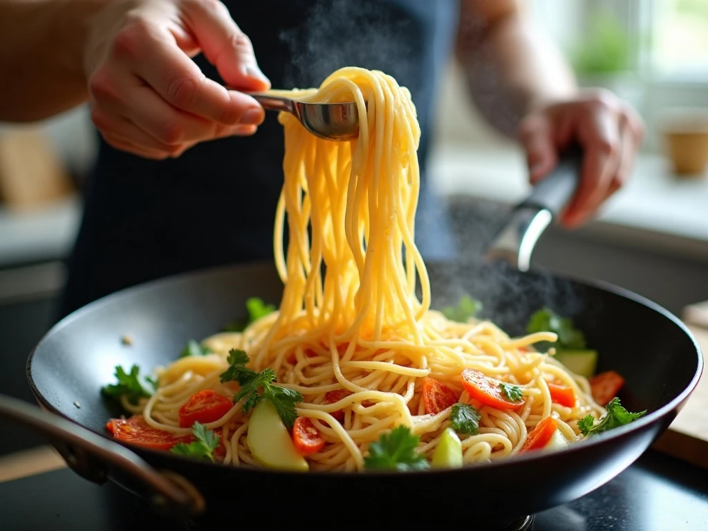 Adding well-drained noodles to a hot wok for chow mein