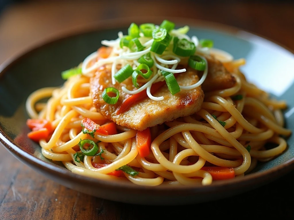 Chicken chow mein garnished with scallions and bean sprouts