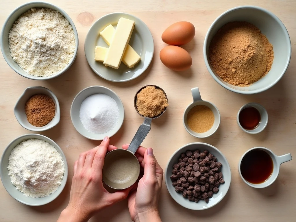 Ingredients for classic chocolate chip cookies arranged for baking