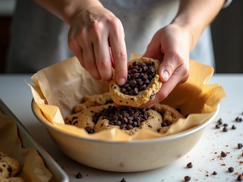 Chocolate chips being folded into homemade cookie dough