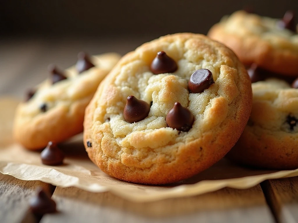 Close-up showing golden edges and soft centers of chocolate chip cookies
