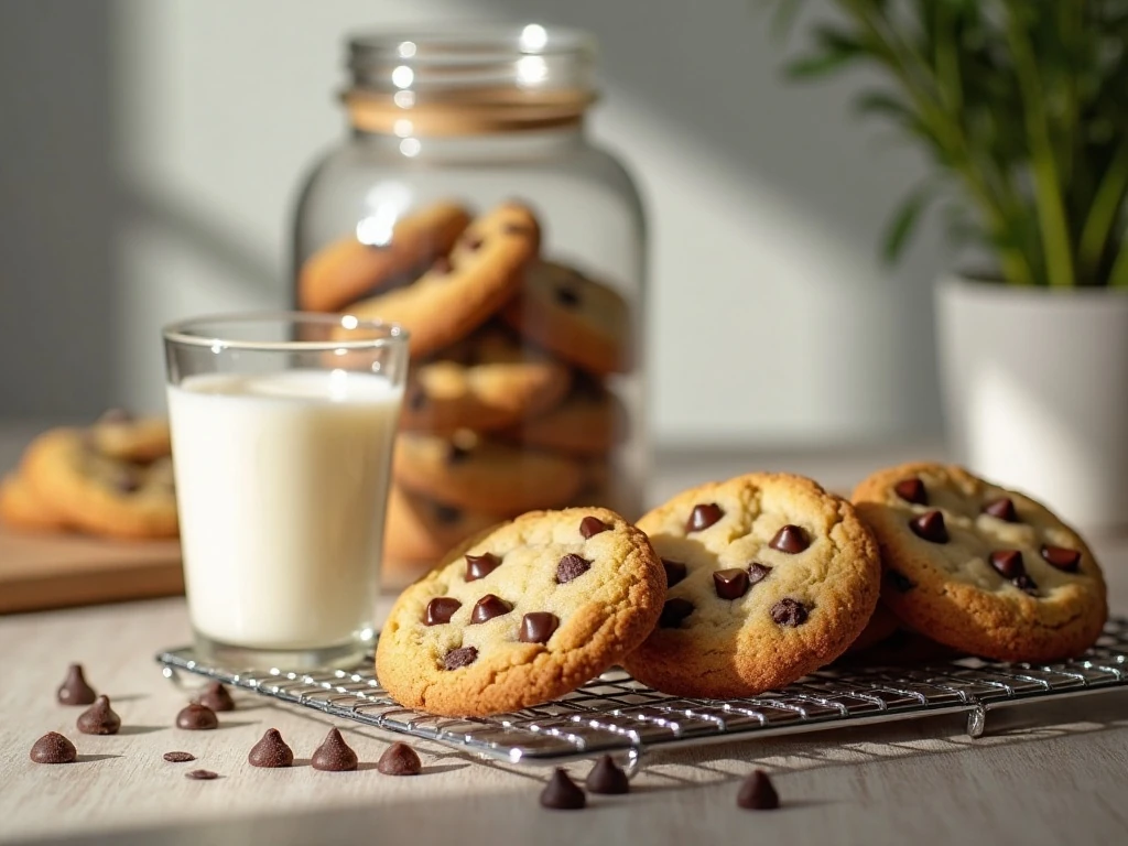 Chocolate chip cookies served with milk and ready for storage