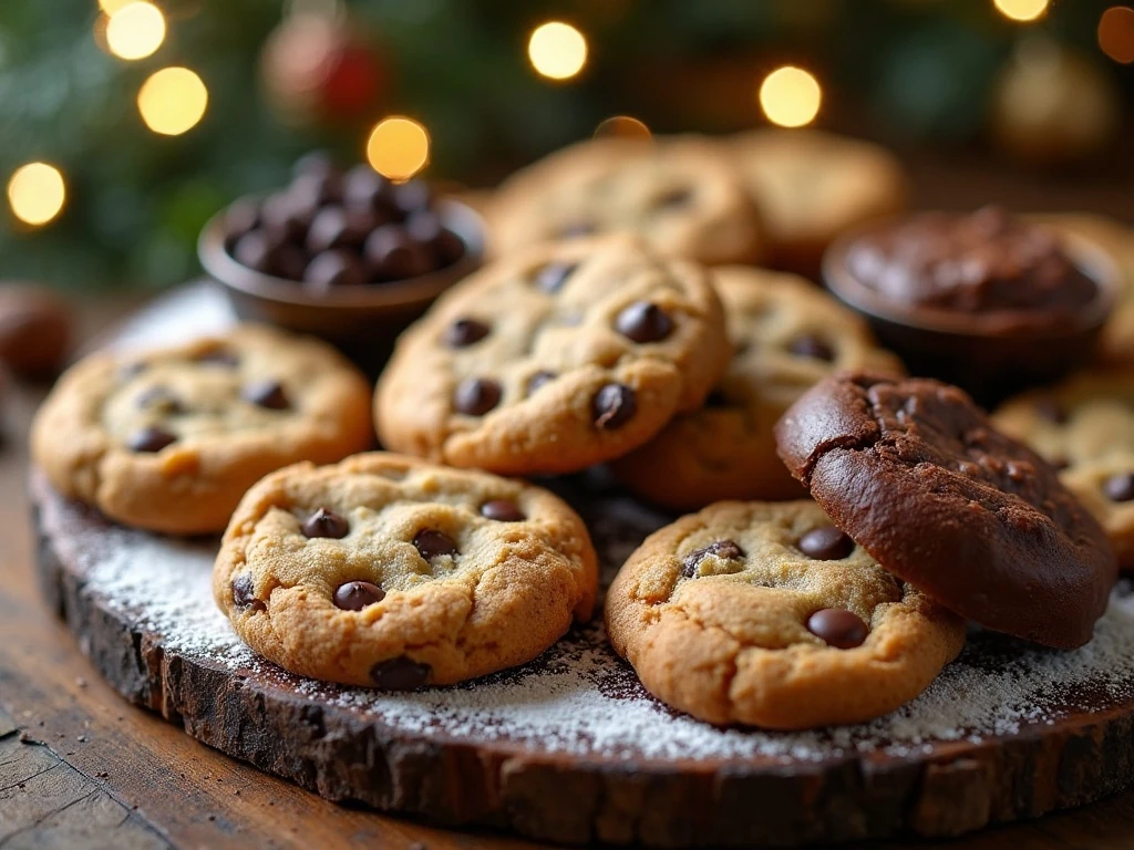 Chocolate chip cookies arranged with assorted cookies for a dessert platter