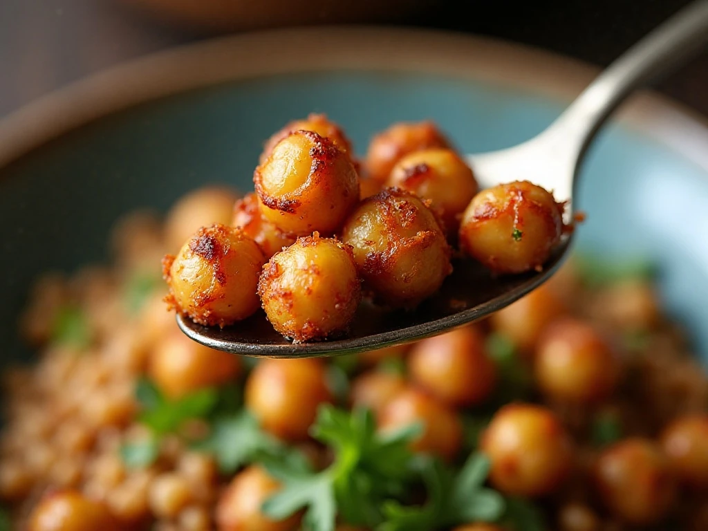 Crunchy roasted chickpeas sprinkled over a dinner grain bowl