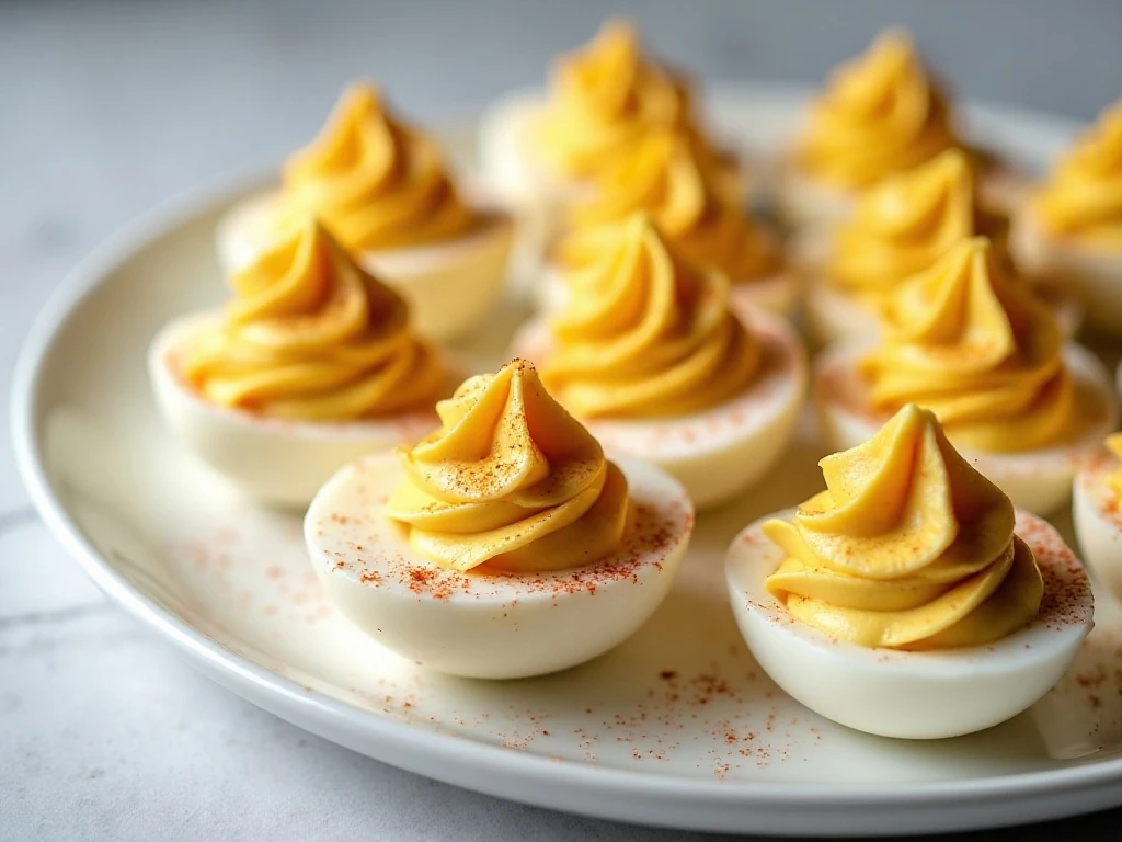 Platter of creamy classic deviled eggs sprinkled with paprika