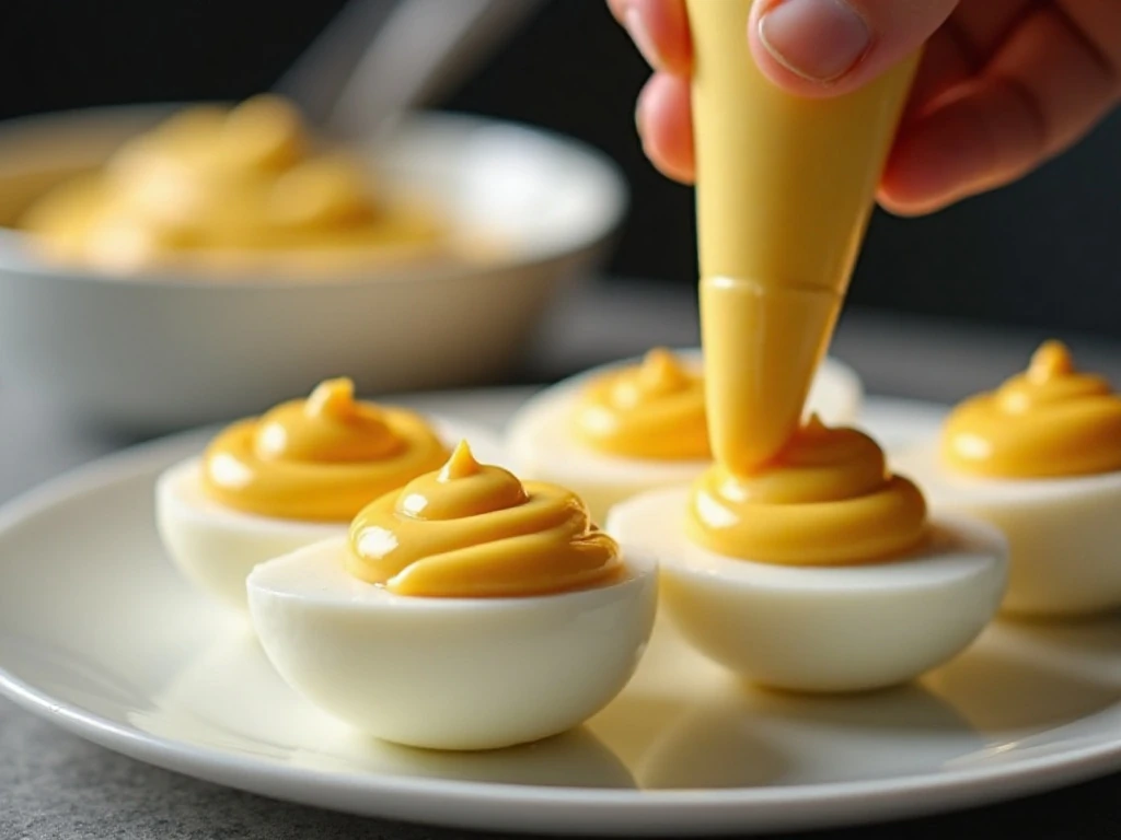 Piping smooth yolk filling into deviled egg whites