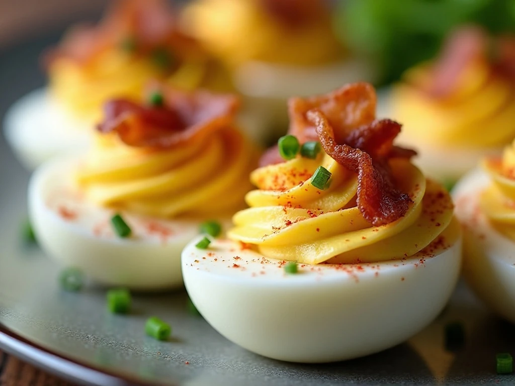 Deviled eggs with paprika, chives, bacon, and spicy garnish options