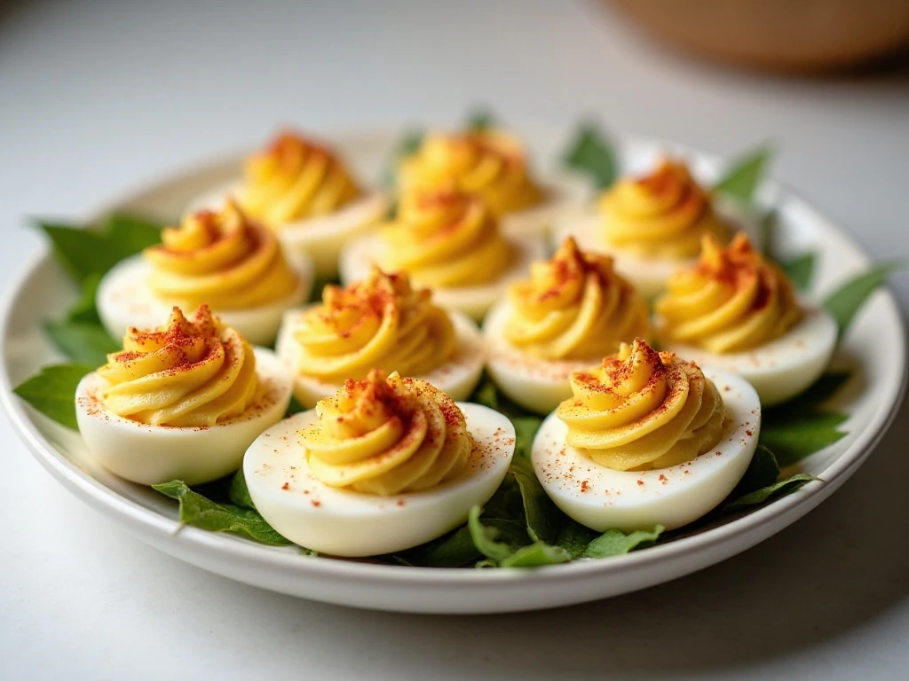 Chilled deviled eggs arranged for serving at a party