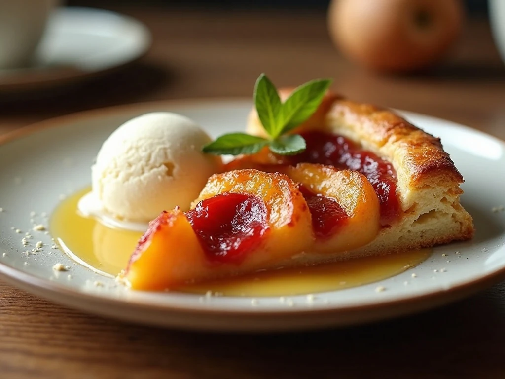 Slice of fruit galette served with vanilla ice cream