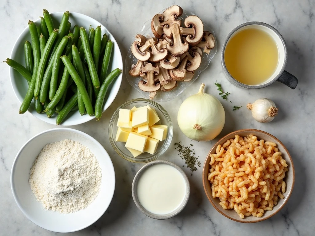 Ingredients for homemade green bean casserole with fresh green beans and mushrooms