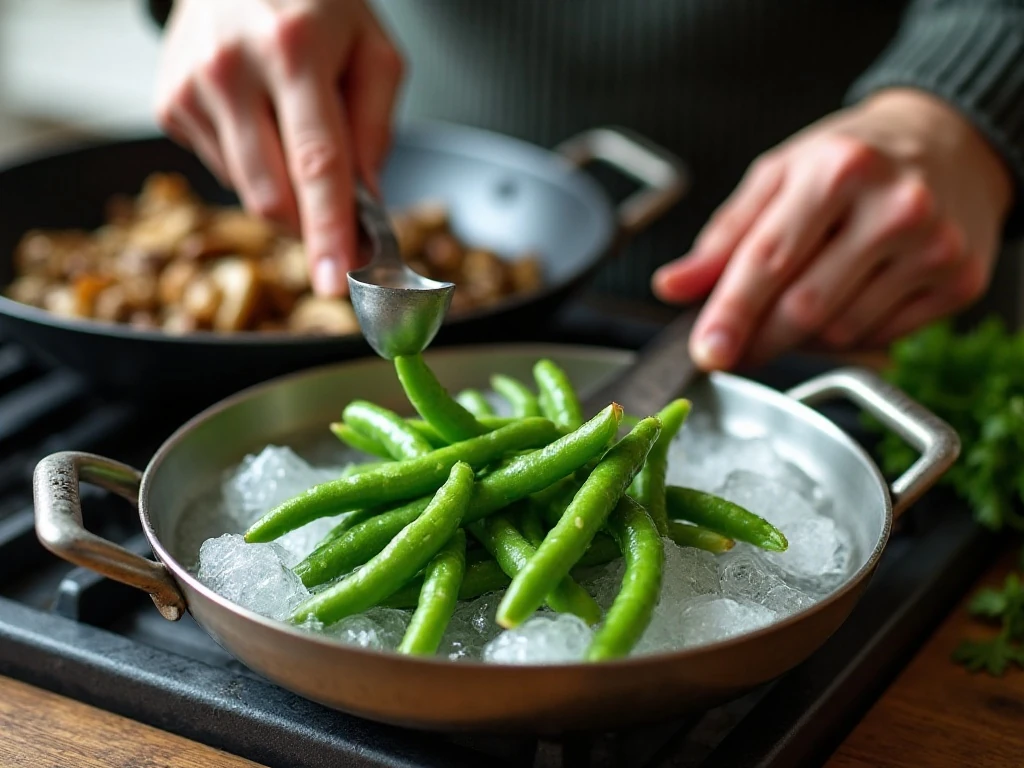 Blanching fresh green beans in ice water for casserole
