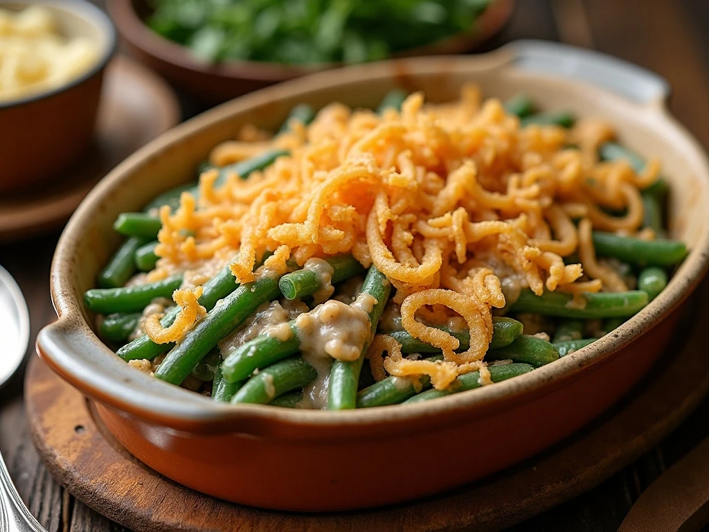 Classic green bean casserole with crispy fried onion topping