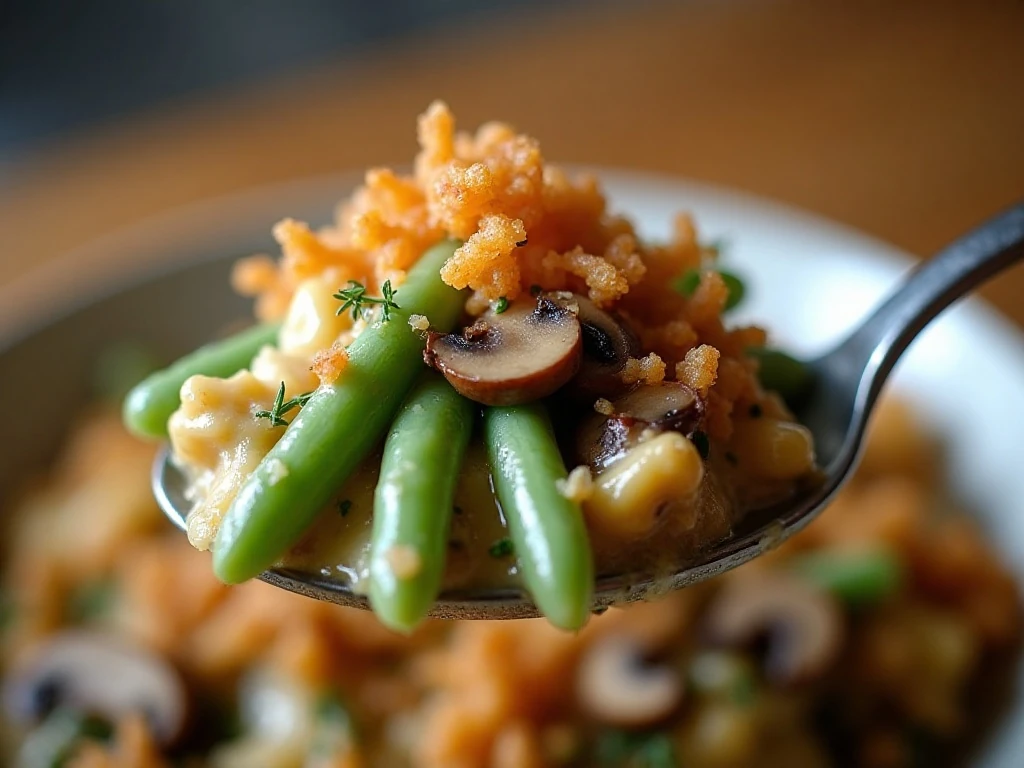 Close-up of creamy green bean casserole with crispy onions