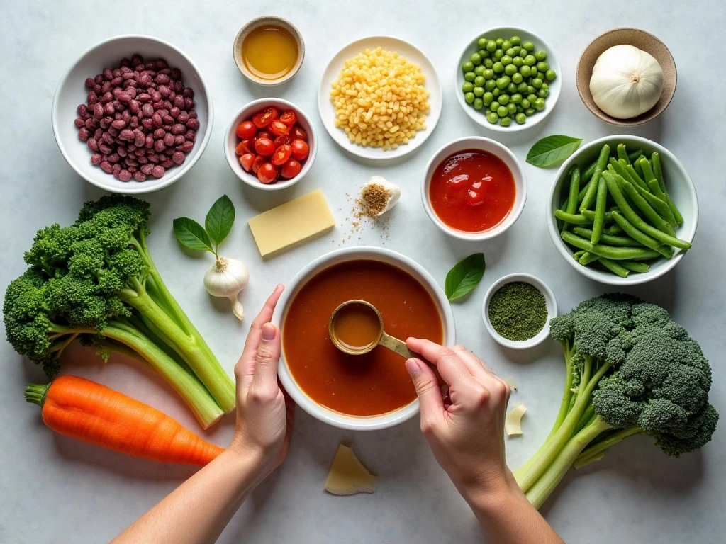 Ingredients for easy classic minestrone soup arranged on a counter