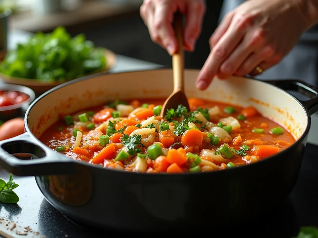 Soffritto vegetables cooking in a pot for minestrone soup