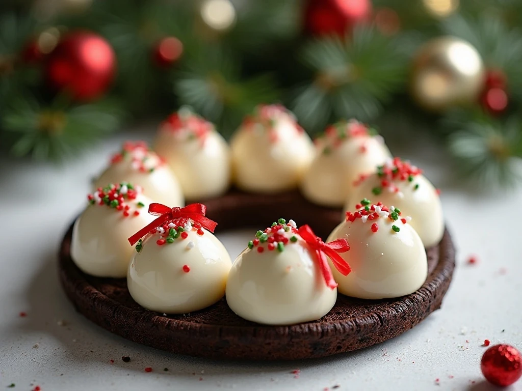 Classic Oreo cookie truffle dessert wreath with red and green Christmas decorations