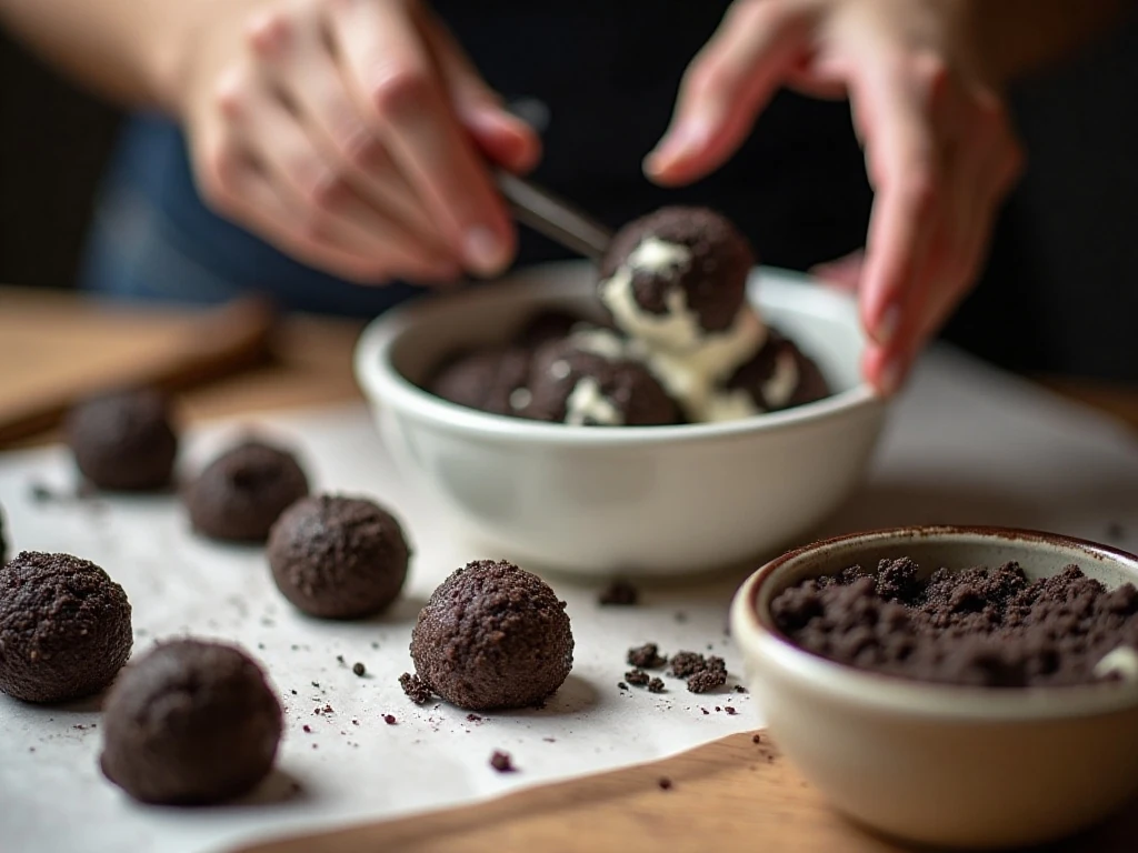 Preparing Oreo truffle mixture and shaping cookie balls