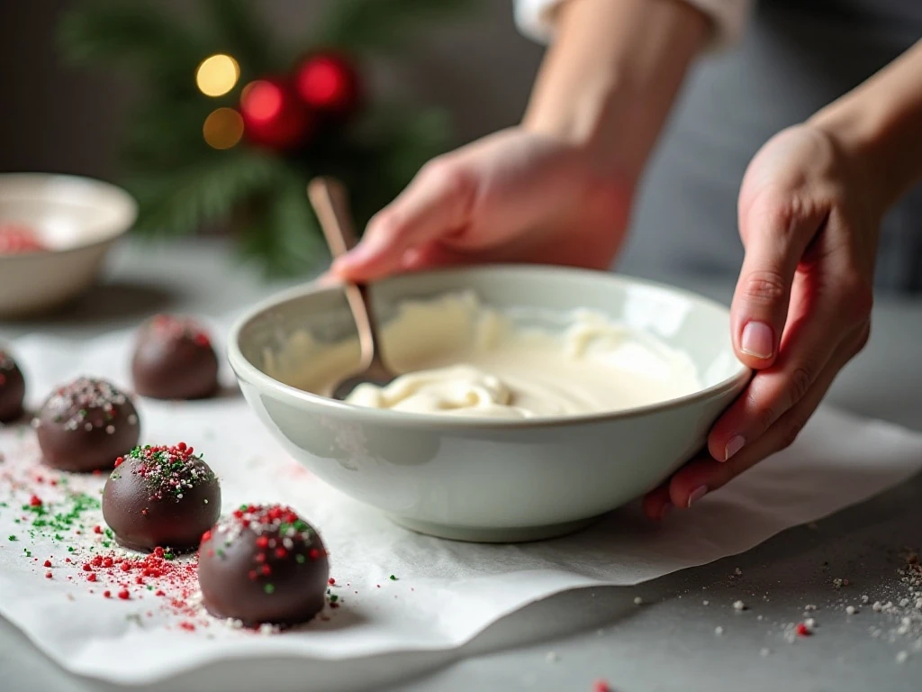 Coating chilled Oreo truffles with white candy melts
