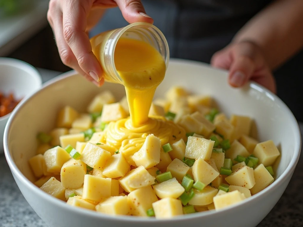 Mixing potatoes with creamy potato salad dressing