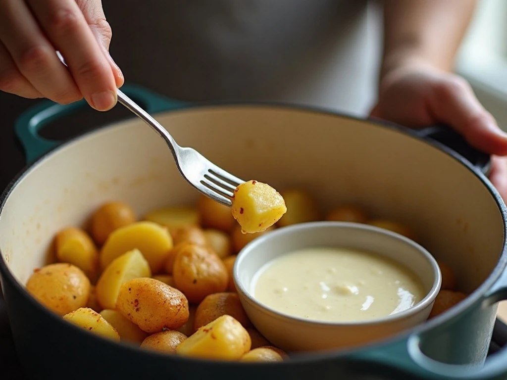Checking potatoes for the perfect tender texture