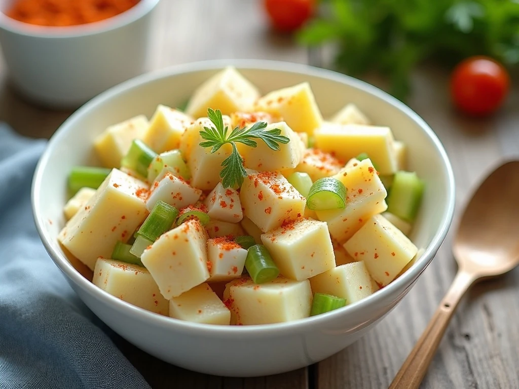 Classic creamy potato salad with potatoes, eggs, celery, onion, and paprika