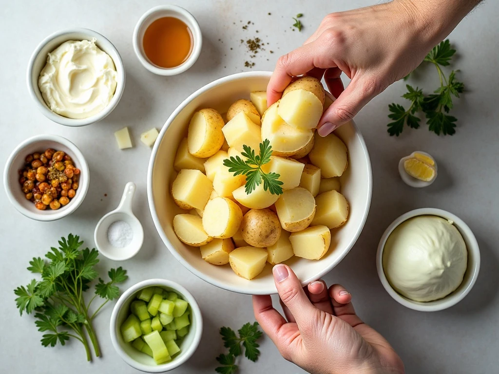 Ingredients for classic American potato salad arranged on a kitchen surface