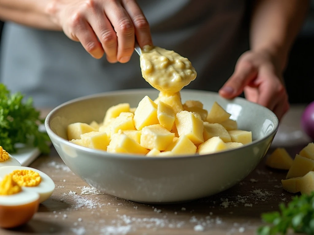 Potatoes being gently folded into creamy potato salad dressing