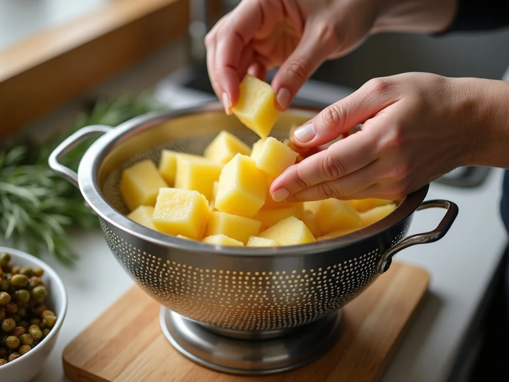 Fork-tender potato cubes being drained before mixing the salad