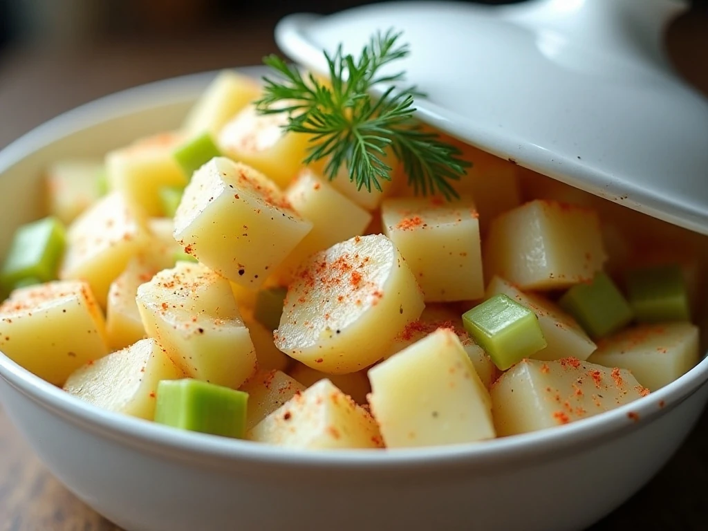 Chilled potato salad with paprika and fresh herb garnish