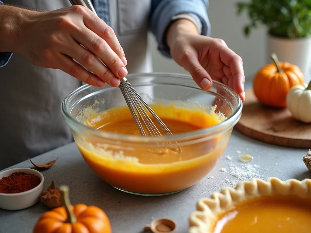 Whisking the pumpkin pie custard before baking